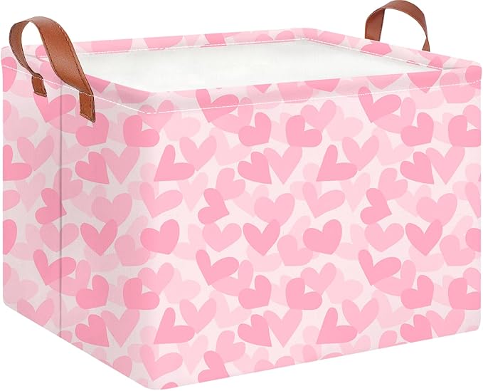 CLOCOR Rectangular Storage Basket Empty,Pink Valentines' Day Gift Basket,Waterproof Storage Bin with Handles,Room Decor(Double Pink Heart)