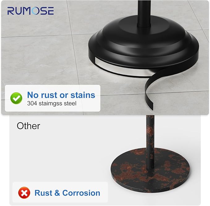 RUMOSE Toilet Paper Holder Stand for Floor, Matte Black Bathroom Free Standing Toilet Tissue Roll Holder with Storage, Adjustable 17-25 Inch, SUS304 Stainless Steel