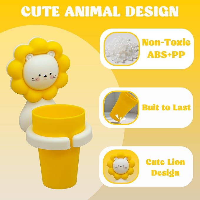 Cute Kids Toothbrush Holder with Cup & Toothpaste Wall Mounted, Adhesive Bathroom Organizer - Kids Bathroom Decor Accessories, Animal Toothbrush Holders for Kids - Yellow Lion