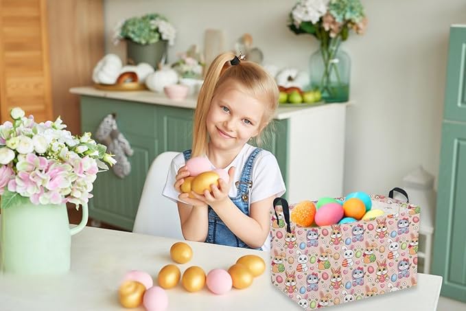 Sanjiaofeng Rectangular Easter Basket Eggs Storage Bins,Cute Storage Basket with Handles.Clothers,Books,Kid's Gifts Bins. (Pink eggs)