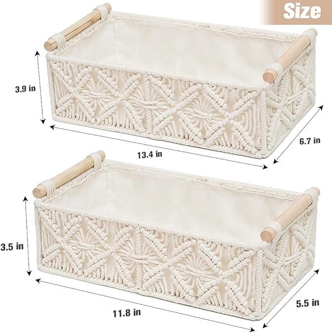 HOSROOME Macrame Storage Basket Boho Decor Baskets for Organizing Woven Decorative for Countertop Toilet Paper Basket for Tank Top for Home Decor Bedroom Nursery Livingroom Entryway (Set of 2)