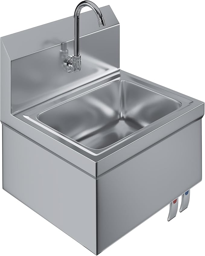 Hands-Free Wall-Mounted Stainless Steel Hand Sink, 17 in x 15 in, with Double Knee Valves and Faucet