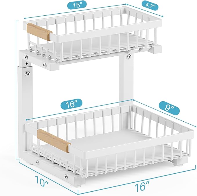 Jusdyrack 2 Packs Under Sink Organizer,Small Shelf for narrow spaces,2 Tiers Pull Out Under Cabinet Organizer,Adjustable Height,Slide Out Thickened Metal Under,White