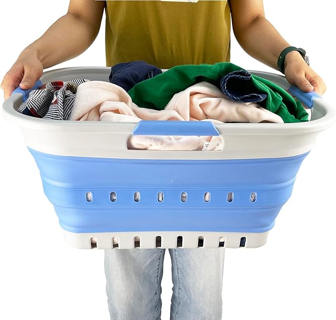 SAMMART Collapsible Plastic Rectangular Laundry Basket - Foldable Pop Up Storage Container/Organizer - Portable Laundry Hamper - Space Saving (Grey/Little Boy Blue, 30L)