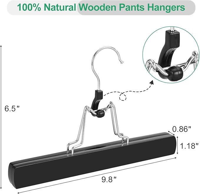 TOPIA HANGER 24 Pack Wooden Pants Hangers, Hair Extension Hangers Non Slip Skirt Hanger Wood Clamp with Velvet Padded 360° Swivel Hook for Jeans, Skirts, Trousers, Wigs Black CT68B