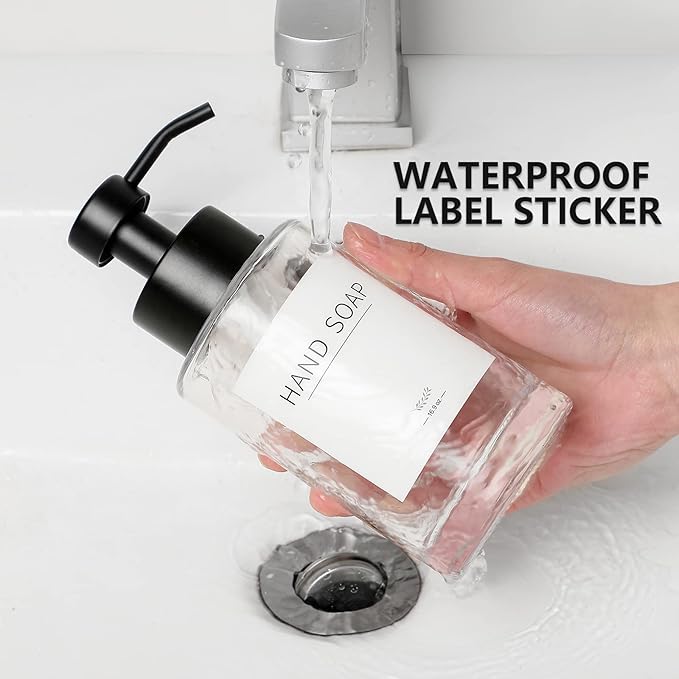 Foaming Soap Dispenser Set, 12 Oz Glass Hand Soap Dispenser with 304 Rust Proof Stainless Steel Pump, Waterproof Labels, for Bathroom Decor Kitchen College Dorm, Clear Black Pump 2 Pack