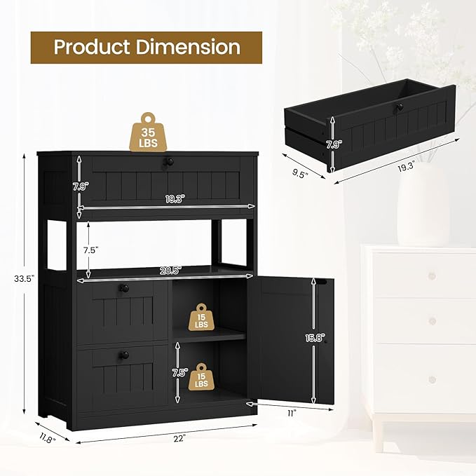 Storage Cabinet, Modern Bathroom Floor Storage Cabinet Organizer with 1 Door and 3 Drawers, Freestanding Cupboard for Kitchen/Living Room Use