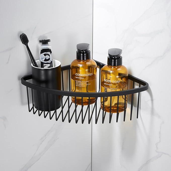 GORDEE Bathroom Shower Caddy Corner Shelf Basket, Ultra Sturdy Rust-Proof Stainless Steel Shelf Organizer, Wall Mounted Storage Rack, Matte Black