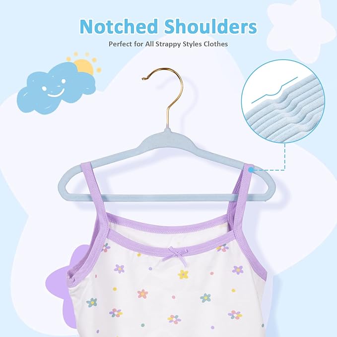 Baby Hangers 50 Pack - 11 Inch Premium Velvet Non Slip Kids Hanger for Infant & Toddler Clothes - 0.2" Ultra Thin Baby Closet Hangers with 10 Hanger Clips - Blue