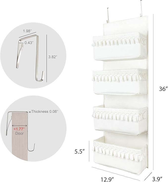 Dahey Over The Door Organizer Boho Nursery Storage Decor Closet Hanging Organizer with Tassels Decoration for Bedroom Nursery Bathroom Apartments Dorm Pantry, 4 Pockets, White