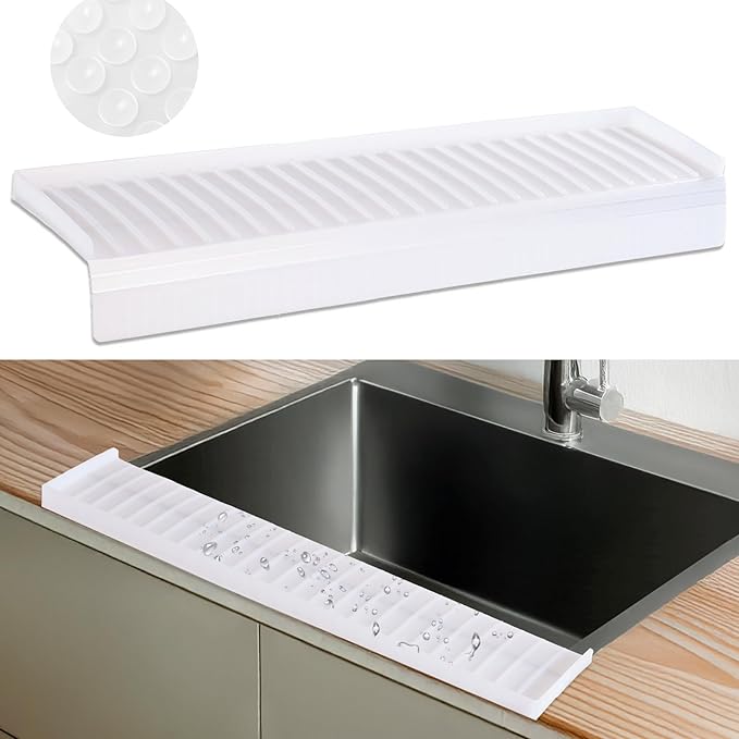 Sink Edge Protector with Suction Cup 4"x14", Silicone Sink Splash Guard for Kitchen & Bathroom, Protect Countertop from Scratches, Stains, for Stainless Steel Granite Quartz-Clear