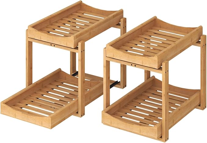 Bamboo Under Sink Organizer and Storage, 2 Pack Pull Out Cabinet Organization, 2 Tier Vertical Slide Out Undersink Storage Shelf, Multi-Purpose Organizer Shelves for Kitchen Bathroom Medicine