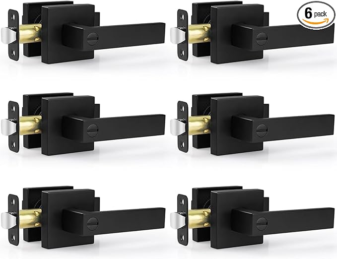 Estmoon 6 Pack Matte Black Door Handle, Keyless Interior Door Knobs Square Privacy Door Levers Heavy Duty Door Locks for Bedroom Bathroom, Reversible Interior Handles for Left & Right Handled Doors
