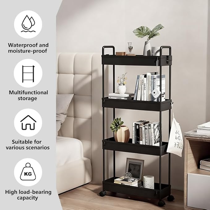 4 Tier Utility Storage Cart with Lockable Wheels，Storage Organizer Cabinet Rolling cart for Kitchen, Office, Laundry Room & Narrow Places,Black