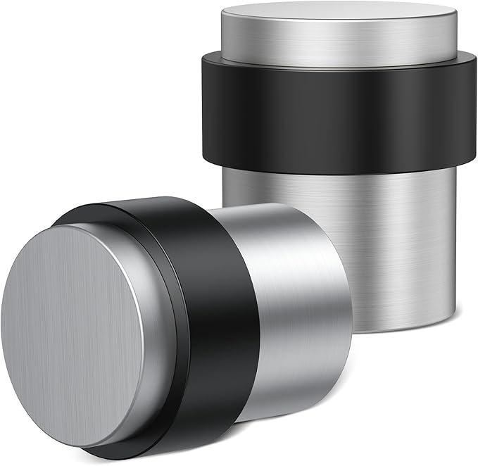 2 Pack Silver Brushed Finish Door Stoppers for Floor Mounting， Door Stopper Heavy Duty，304 Stainless Steel Cylindrical Made with Rubber Bumper，Floor Mount Door Holder Keep Door Open