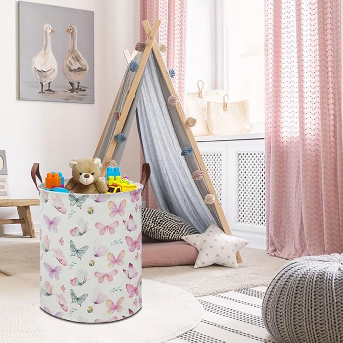 19.7" Butterfly Laundry Basket,Kids Dirty Clothes Hamper,Waterproof Toys Storage Bin,Room Decor,Gift Baskets,Baby Nursery Hamper(Pink Butterfly)