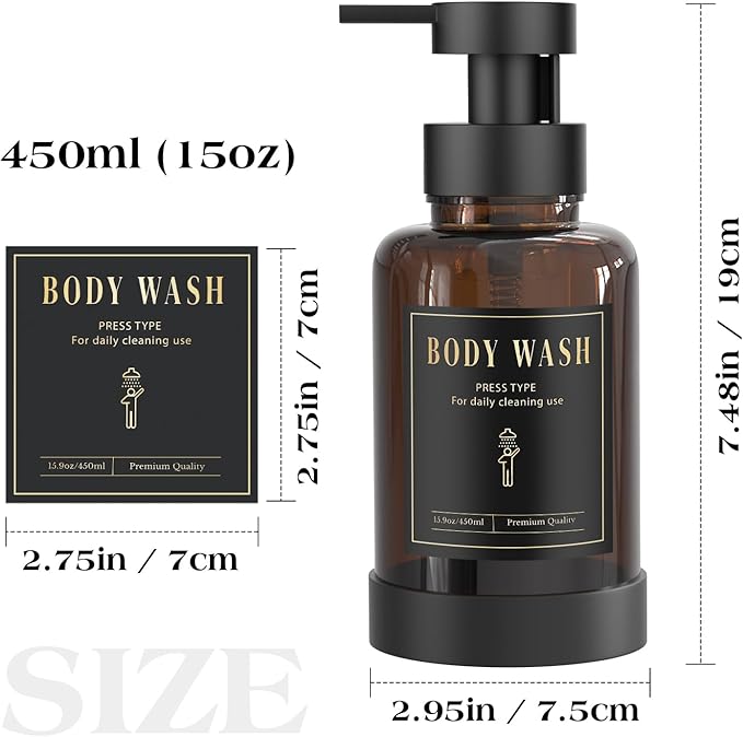 Luxspire Foaming Soap Dispenser, Glass Foam Pump Soap Dispenser, Non-Slip Hand Soap Bottle with 5 Waterproof Labels, 15 Oz Refillable Liquid Soap Bottle for Bathroom & Kitchen, Amber, 2 Pack