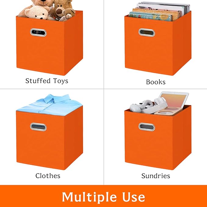 Fabric storage bins Cubes, Fabric Cube Organizer with Handle, Foldable Cube Bins for Cloth or Accessary Storage, 11x11x11, Set of 3, (Orange)