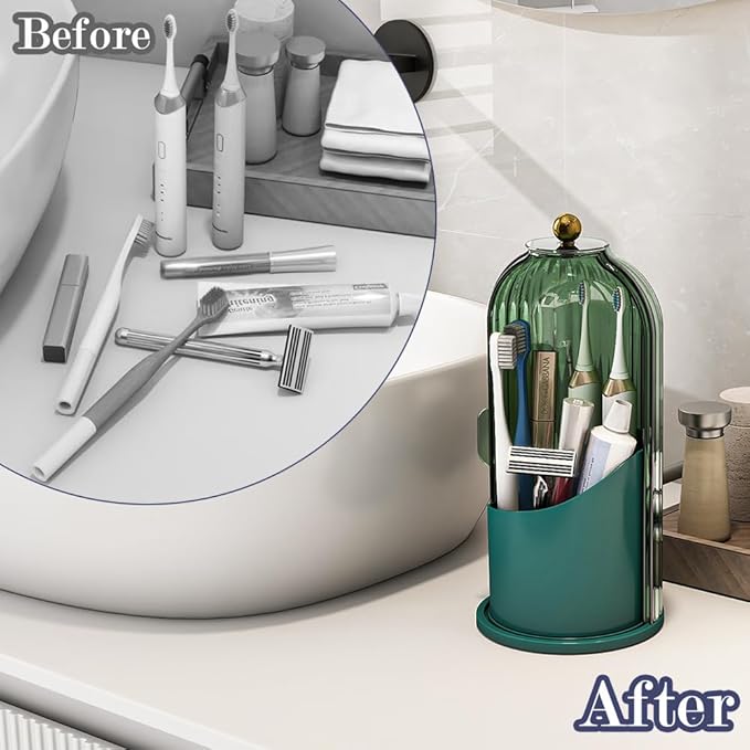 Zufudo Dustproof Toothbrush Holders with Cover, Rotating Electric Toothbrush and Toothpaste Holder for Bathroom Countertop, 3 Slots Makeup Brushes Organizer, All Green