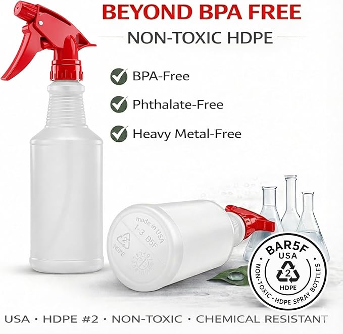Bar5F Spray Bottles, 16 Oz, 4 Pack, Chemical-Resistant HDPE, BPA-Free, Non-Toxic, Red Trigger Sprayers, Refillable Empty Sprayer Bottle for Cleaning Solutions, Vinegar, Alcohol, Made in USA