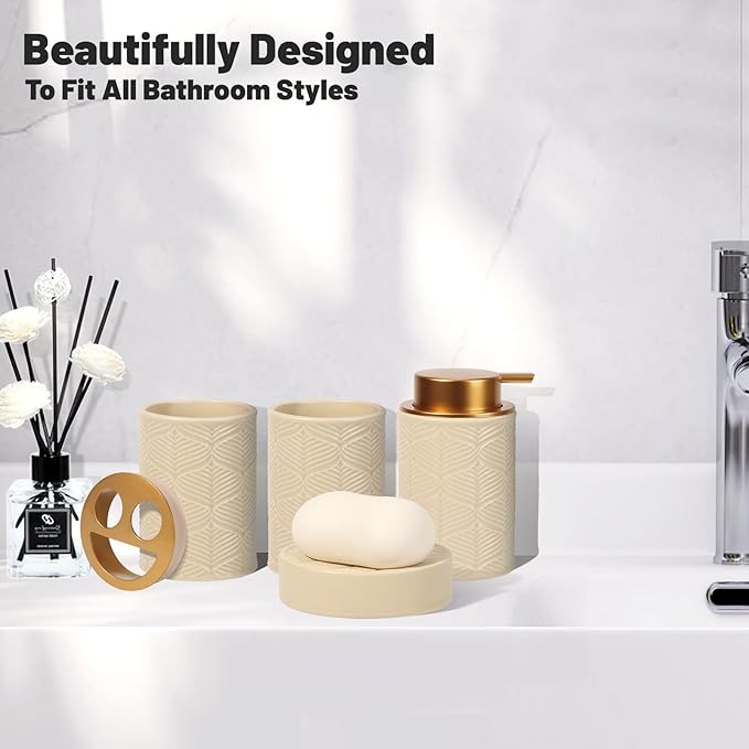 Ceramic Bathroom Accessories Set, 4 Pcs-Includes Lotion Soap Dispenser, Toothbrush Holder, Vanity Tray, and Tumbler, Modern Bathroom Decor Organizer with Soap Dish, Apothecary Jar, Beige Color
