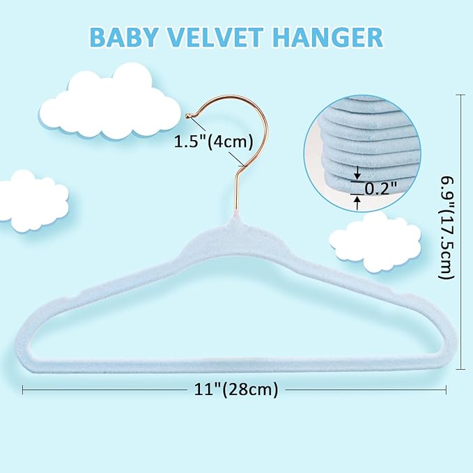 Baby Hangers 50 Pack - 11 Inch Premium Velvet Non Slip Kids Hanger for Infant & Toddler Clothes - 0.2" Ultra Thin Baby Closet Hangers with 10 Hanger Clips - Blue