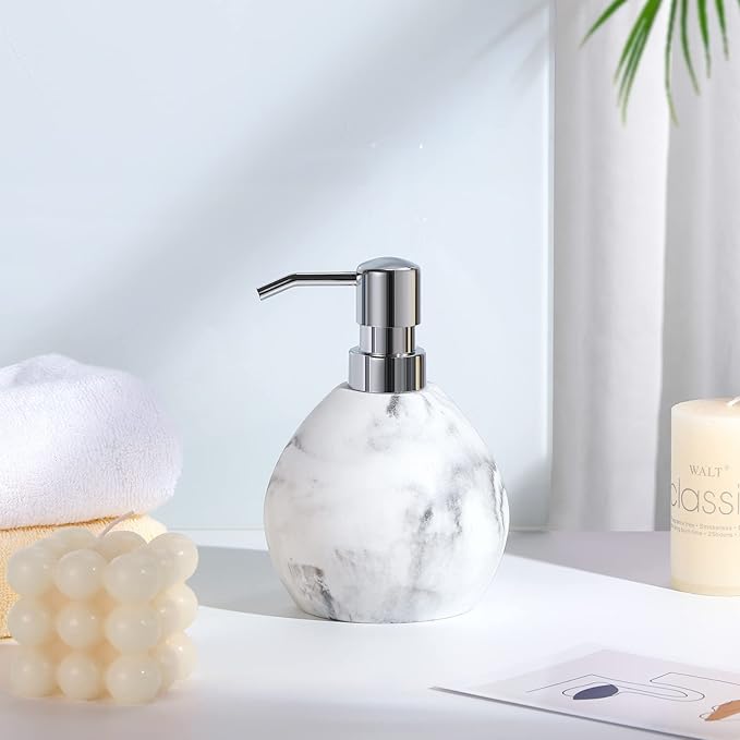 Luxspire Hand Soap Dispenser, 15.2 oz Marble Hand Lotion Bottle, Stainless Steel Pump Lotion Container, Refillable Liquid Hand Soap Jar, Resin Shower Dispensers for Bathroom, Kitchen, Marble White