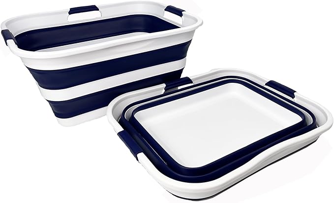 SAMMART 42 (11 Gallons) Collapsible Plastic Laundry Basket, Foldable Pop Up Storage Container/Organizer, Space Saving Hamper, Portable Bin for Dorm Room Bathroom (2, White/Starry Blue)