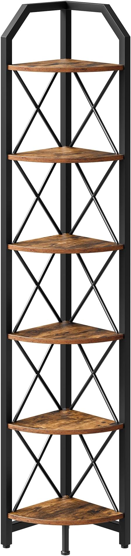 6-Tier Corner Shelf, Industrial Corner Bookshelf, 71.2" Corner Storage Stand, Plant Stand Display Shelf, Corner Bookcase for Bedroom, Living Room, Home Office, Rustic Brown and Black TCJ11BF