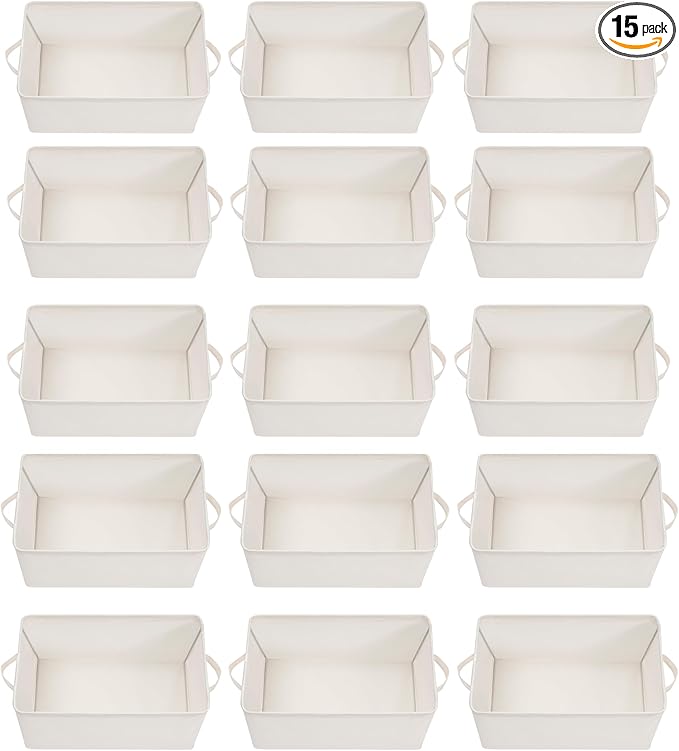Storage Basket Bins with Metal Frame, Large Collapsible Fabric Storage Baskets for Organizing Shelf, Basket Organizer W/Handles for Blankets, Towels, Laundry, Shelves, 15-Pack, Beige