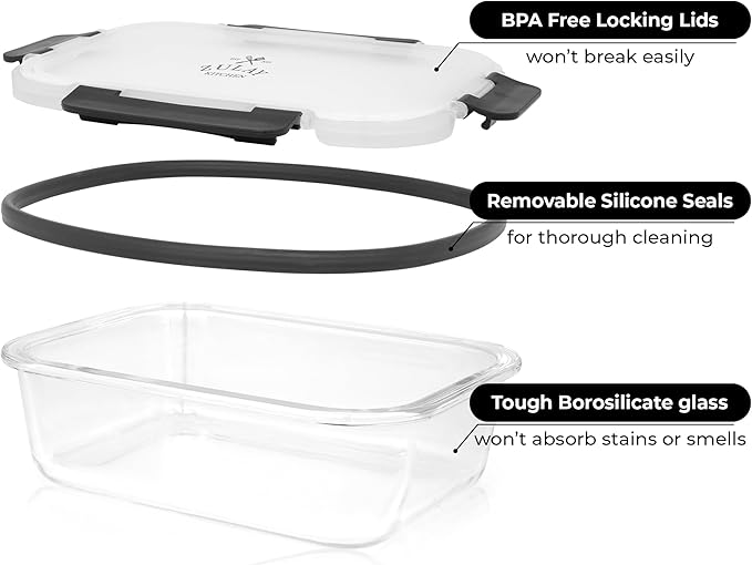 Zulay Kitchen 5 Piece Large Glass Tupperware Container Set with Lids - Premium BPA Free Borosilicate Glass Food Storage Containers - Leak-Proof Meal Prep - Microwave, Freezer & Oven Safe - Gray