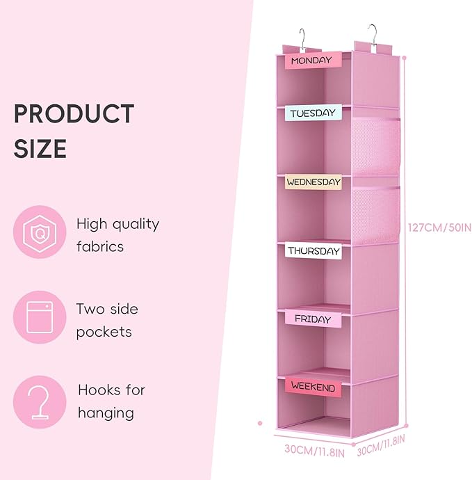 VERONLY Weekly Hanging Closet Organizer for Kids, 6-Shelf Clothes Storage with Labeled Days of The Week Monday Through Friday, Weekday and Weekend, Days of The Week Clothes Organizer