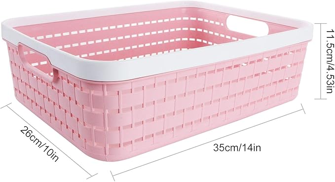 CertBuy 3 Pack Plastic Storage Baskets 14 x 10 x 4.5 Inch, Large Weave Storage Bins with Handle for Cabinet, Shelf, Kitchen, Bedroom, Bathroom and office – Pink