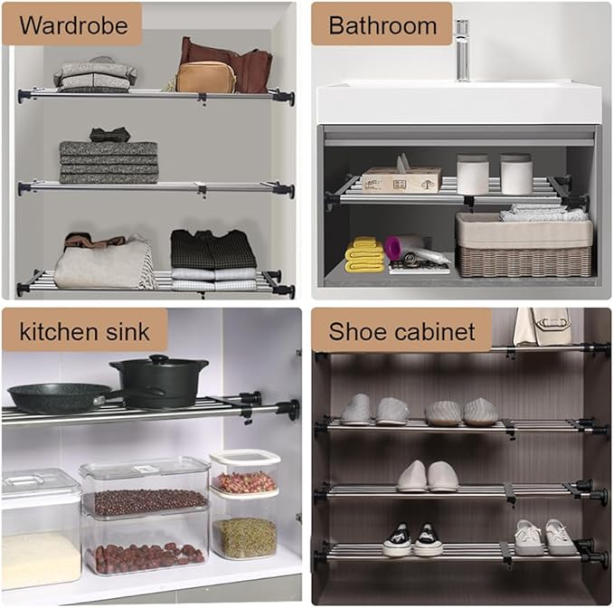 Hershii Expandable Closet Tension Shelf Rod Adjustable Metal Storage Rack Cabinet Organizer DIY Divider Separator Shelves for Wardrobe Cupboard Kitchen Bathroom, Black, 19.69-31.5inches