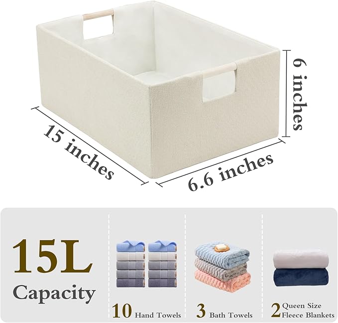 Foldable Fabric Storage Basket for Shelves, Linen Decorative Storage Bin with Wooden Handles, Small Organizer Cube for Closet, Rectangle Canvas Box for Organizing, Decor, 15x10.6x6 Inches (Beige)