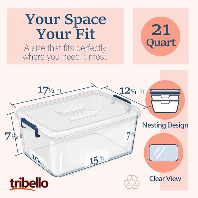 Tribello Clear Storage Bins with Lids, 12-Pack Stackable Plastic Storage Containers for Home Organization – Totes for Closet and Underbed Storage, 21 Quarts