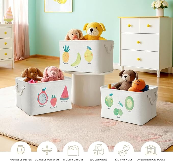 DECOMOMO Toy Storage Baskets for Shelves - 25.5L Kids Storage Bin for Nursery Décor, Baby, Laundry, Toys (Fruit Print, Large - 3 Pack)