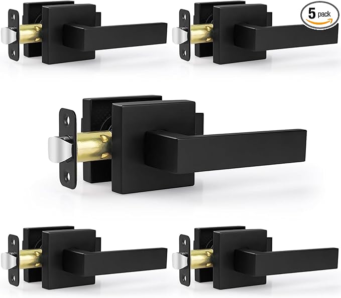 Estmoon 5 Pack Passage Door Handles Matte Black Door Knobs, Interior Door Knobs Square Heavy Duty Non-Locking Handlesets Hall Closet Handles, Reversible for Right & Left Sided Doors