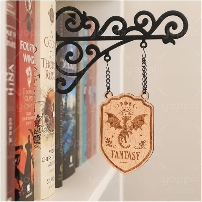 YOPPIX Book Nook Tavern Signs - Medieval Shelf Decor with Hanging Brackets, Fantasy Dragon Book Genre Dividers for Home Library, Bookshelf Organization and Reading Corner Decorations