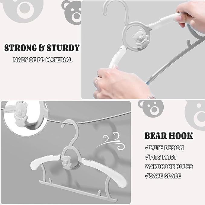 HGYZE Kid Hangers for Closet 50pcs, Grey Infant Clothes Hanger 11-14" Adjustable Plastic Baby Coat Perchas with Bear Hook, Non-Slip Children Outfit Hangars for Girl Boy Toddler Newborn Teen Clothing