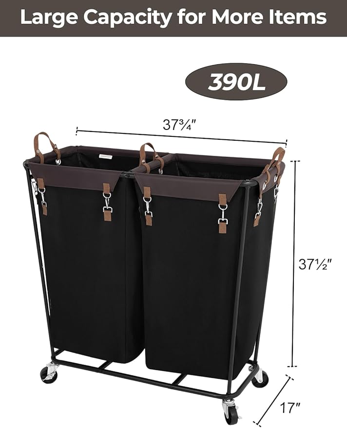 StorageWorks 390L Extra Large Laundry Hamper with Wheels, Laundry Basket with Wheels 2 Sections, Clothes Sorter Cart with Divider for Hotel, Home, Black, 1-Pack