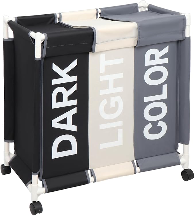 Laundry Basket 3 Section Freestanding Laundry Hamper Dirty Clothes Basket Sorter with Lid and Rolling Wheel, White+Dark+Grey