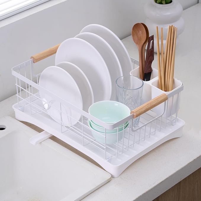 Dish Drainer Rack - Plate, Cutlery, Pots, and Pans Drying Rack for Kitchen with Beechwood Handles - Modern Retro Design Drip Tray with Metal Rack - White