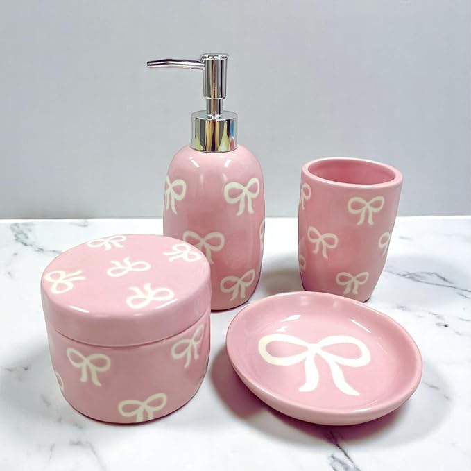 Bow Bathroom Set, 4 Pcs Ceramic Bathroom Accessory Sets - Soap Dispenser, Tumbler Toothbrush Holder, Vanity Soap Tray, Cotton Swab Jars - Pink Bathroom Decor Gift for Her (Pink)
