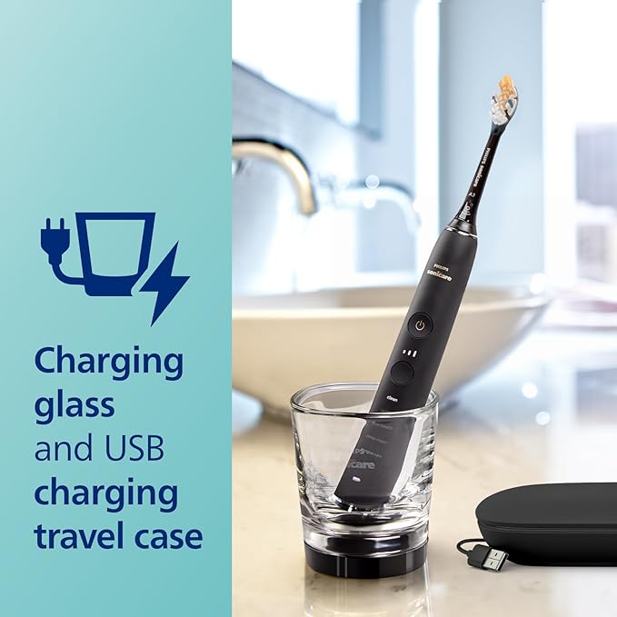 Philips Sonicare DiamondClean Smart 9500 Electric Toothbrush, Sonic Toothbrush with App, Pressure Sensor, Brush Head Detection, 5 Brushing Modes and 3 Intensity Levels, Black, Model HX9923/11