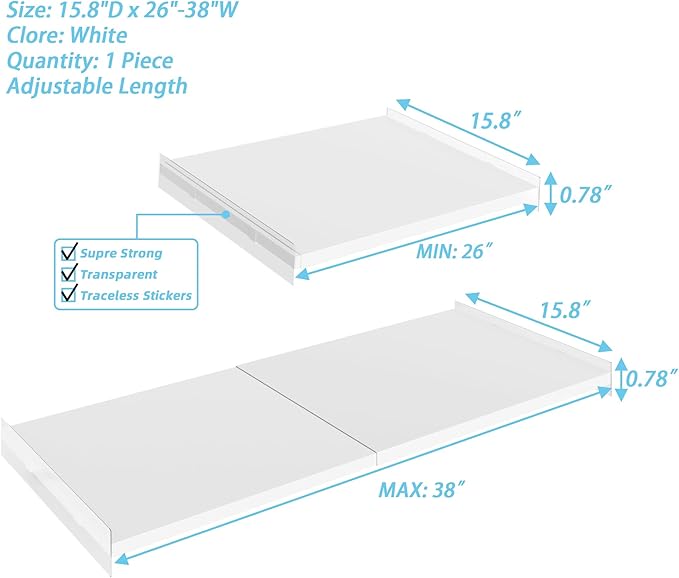 Expandable Closet Tension Shelf Organizers, 1 Pack Cabinet Rack Storage for Wardrobe Divider Shelves Pantry Cupboard Kitchen (White,15.8" D x 26"-38" W,1PCS)