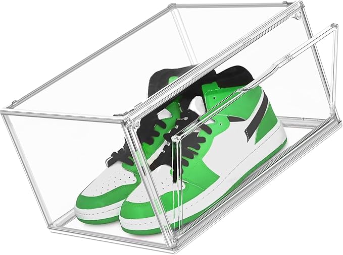 2 Pack Acrylic Clear Shoe Storage Boxes Size 12, Transparent Display Case for Sneaker Collections, Baseball Caps, Hat Organizer Dust-free Shoe Cubbies Stackable Sneaker Boxes