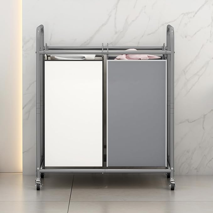 SUOERNUO Laundry Hamper Basket 2 Bag Laundry Sorter Cart with Rolling Lockable Wheels and Removable Bags Laundry Organizer Cart for Clothes Storage (Grey+Beige, 2 Bags)