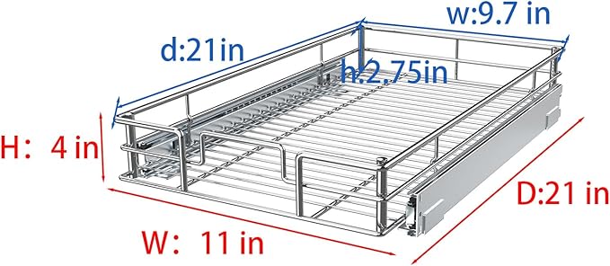 Pulloutor Pull Out Cabinet Organizer, (11" W x 21" D) Slide Out Kitchen Cabinet Storage Shelf and Drawer Organizer NEED 12" W and 22" D Cabinet, Chrome Finish
