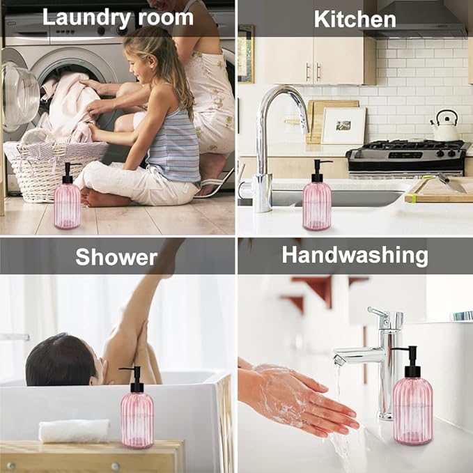 Pack of 2 Glass Soap Dispenser with Black Pump, 400 ml Refillable Pump Dispenser for Kitchen, Bathroom, Laundry Room, Liquid Glass Bottle for Washing Up Liquid, Shampoo, Conditioner (Pink)